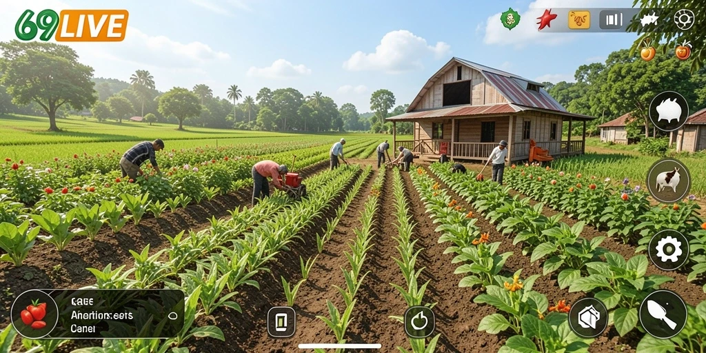 Screenshot gameplay 69LIVE menampilkan aktivitas bercocok tanam yang seru.