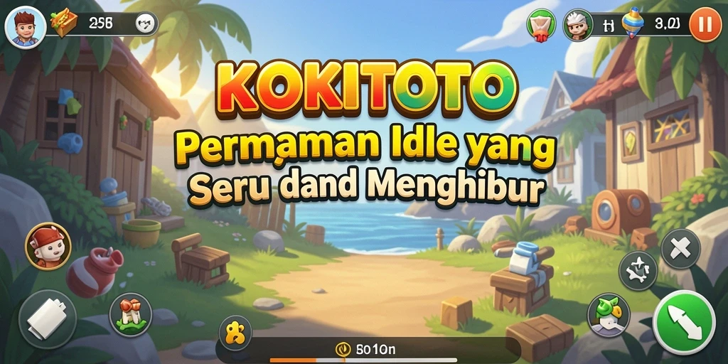 Screenshot gameplay KOKITOTO menampilkan karakter dan sumber daya yang dikelola secara otomatis.