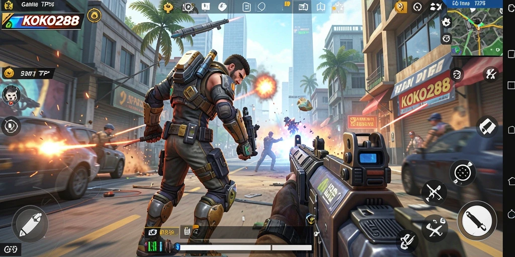 Screenshot gameplay KOKO288 menunjukkan aksi tembak-menembak yang intens.