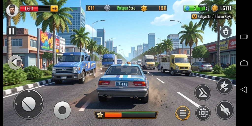 Screenshot gameplay LG111 menampilkan aksi balapan yang mendebarkan.