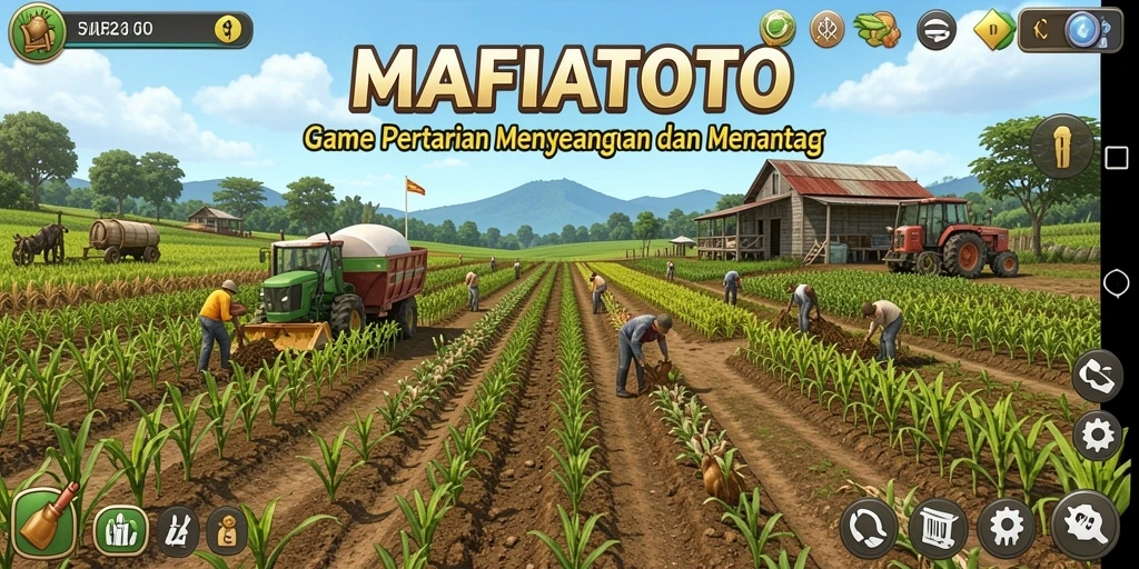 Tangkapan layar gameplay MAFIATOTO menampilkan suasana pertanian yang hidup.