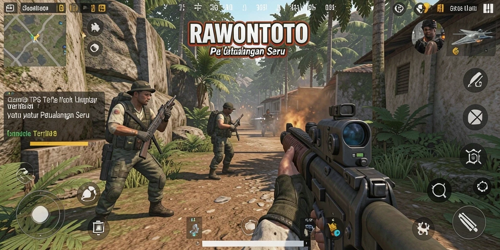 Screenshot gameplay RAWONTOTO menampilkan pertempuran TPS yang mendebarkan.