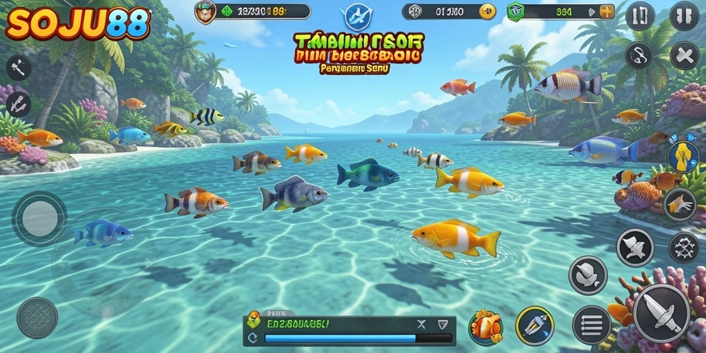 Screenshot gameplay SOJU88 menampilkan aksi menembak ikan yang seru dan mendebarkan.